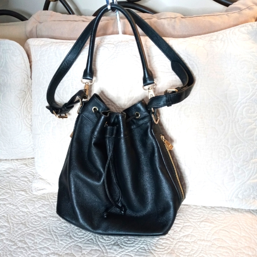 Ora Delphne Black Leather Bucket Bag w/Drawstring Closure & Gold Toned Hardware